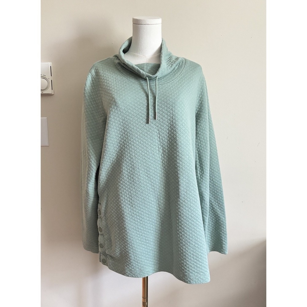 LL Bean Womens Large Quilted Funnel Neck Sweatshirt Green Outdoor Cotton